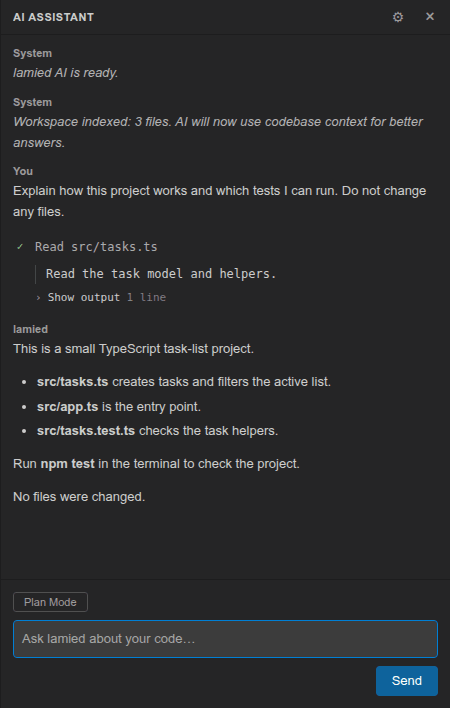 The AI Assistant explaining the example task-list project's files and test command, with the Plan Mode control and chat input below.
