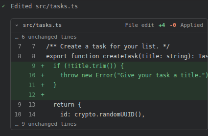 An expanded src/tasks.ts diff in the AI conversation, showing the added check for an empty task title.
